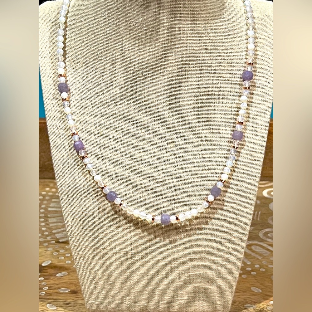 Gorgeous Iridescent Opalite & Amethyst Beaded Necklace With Copper Toggle Clasp